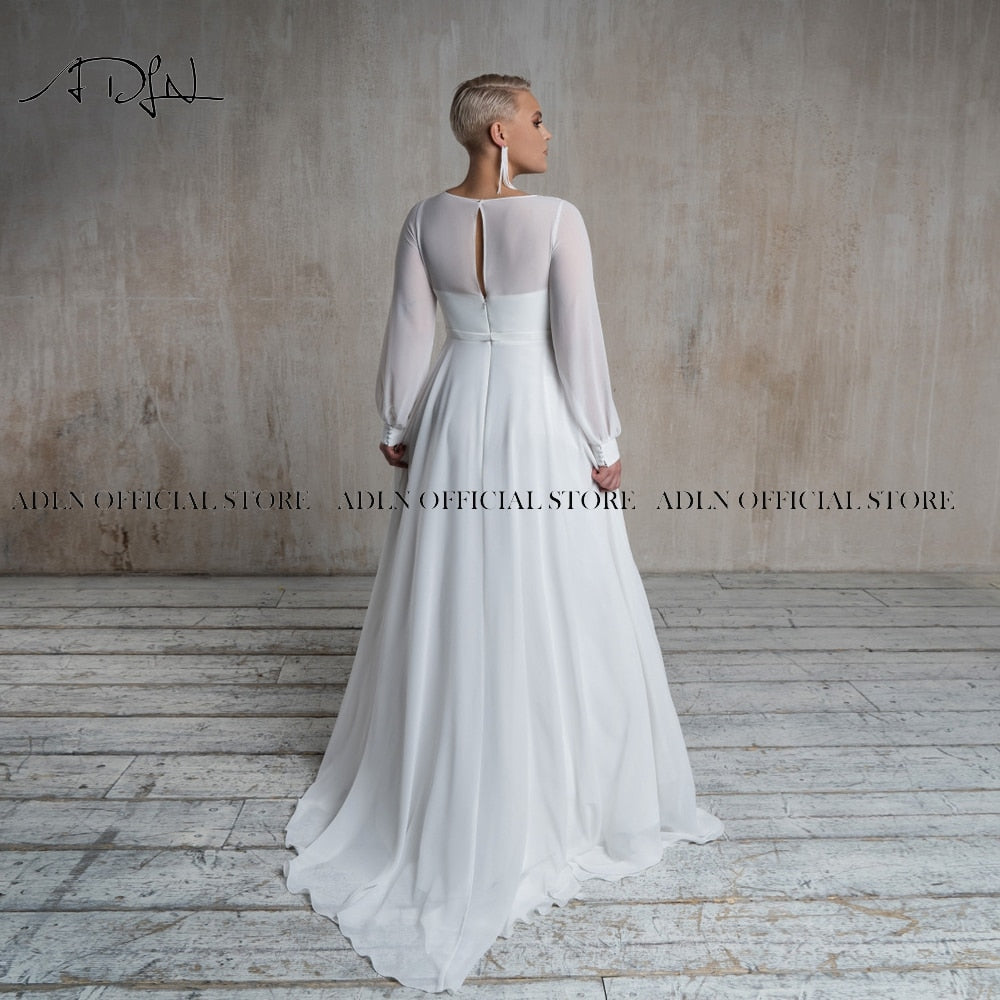 ADLN Simple Plus Size Chiffon Wedding Dress with Slit V-neck