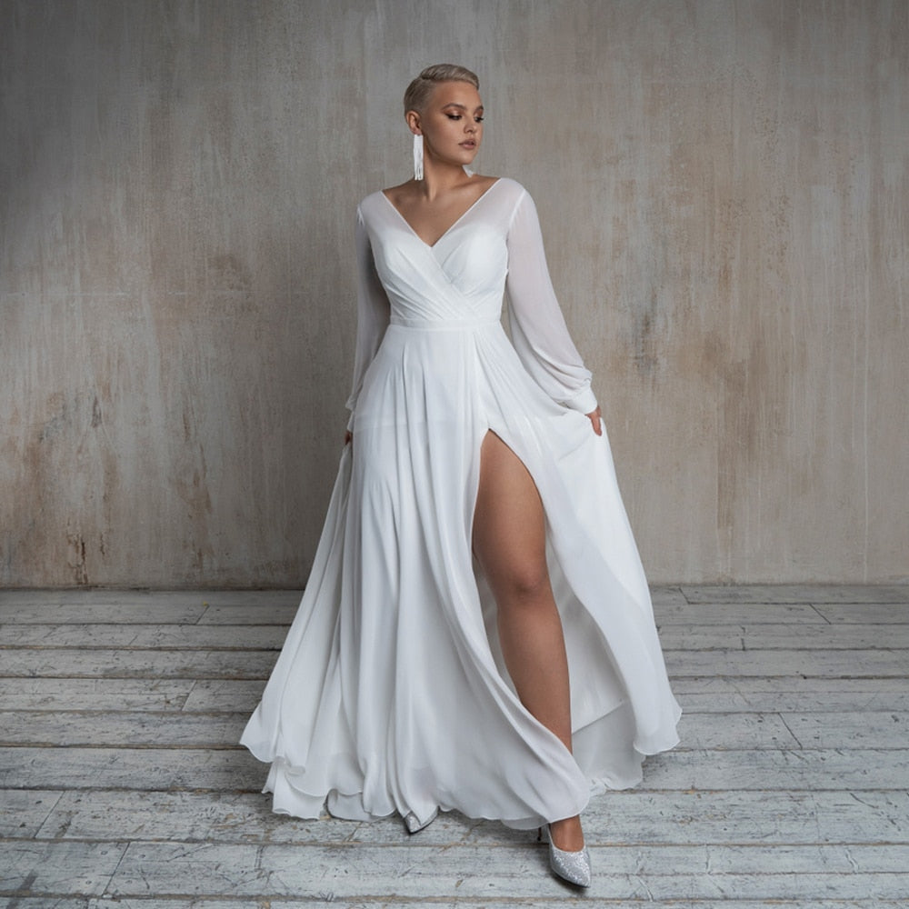 ADLN Simple Plus Size Chiffon Wedding Dress with Slit V-neck