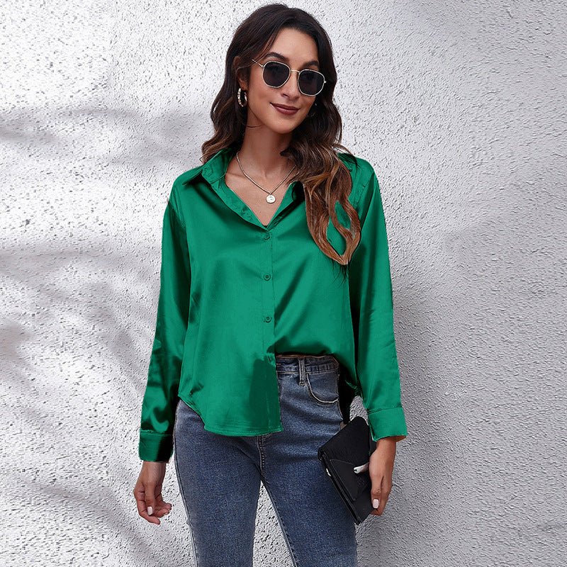 Simple Basic Solid Color Satin Long Sleeves Shirt